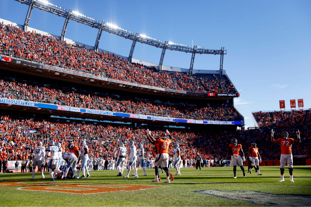 A general view of Denver Broncos players celebrating after a touchdown by Melvin Gordon III #25 of the Denver Broncos on December 12, 2021.