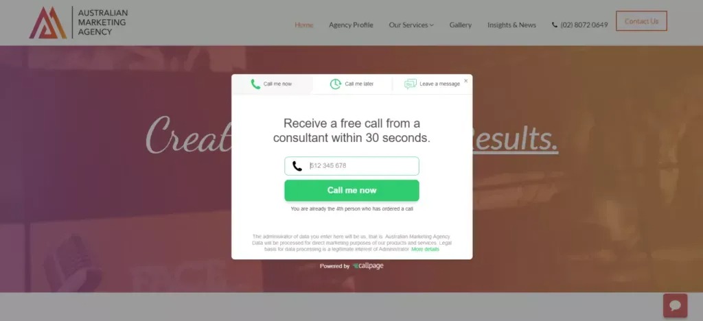 CallPage's pop-up on Australian Marketing Agency's website