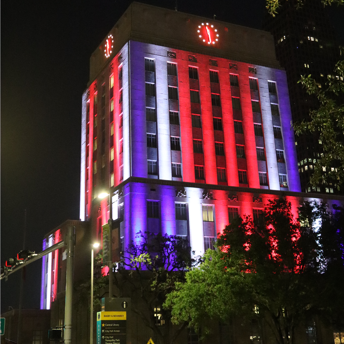 Houston City Hall Lit Up in Red, White, and Blue to Honor Queen Elizabeth II