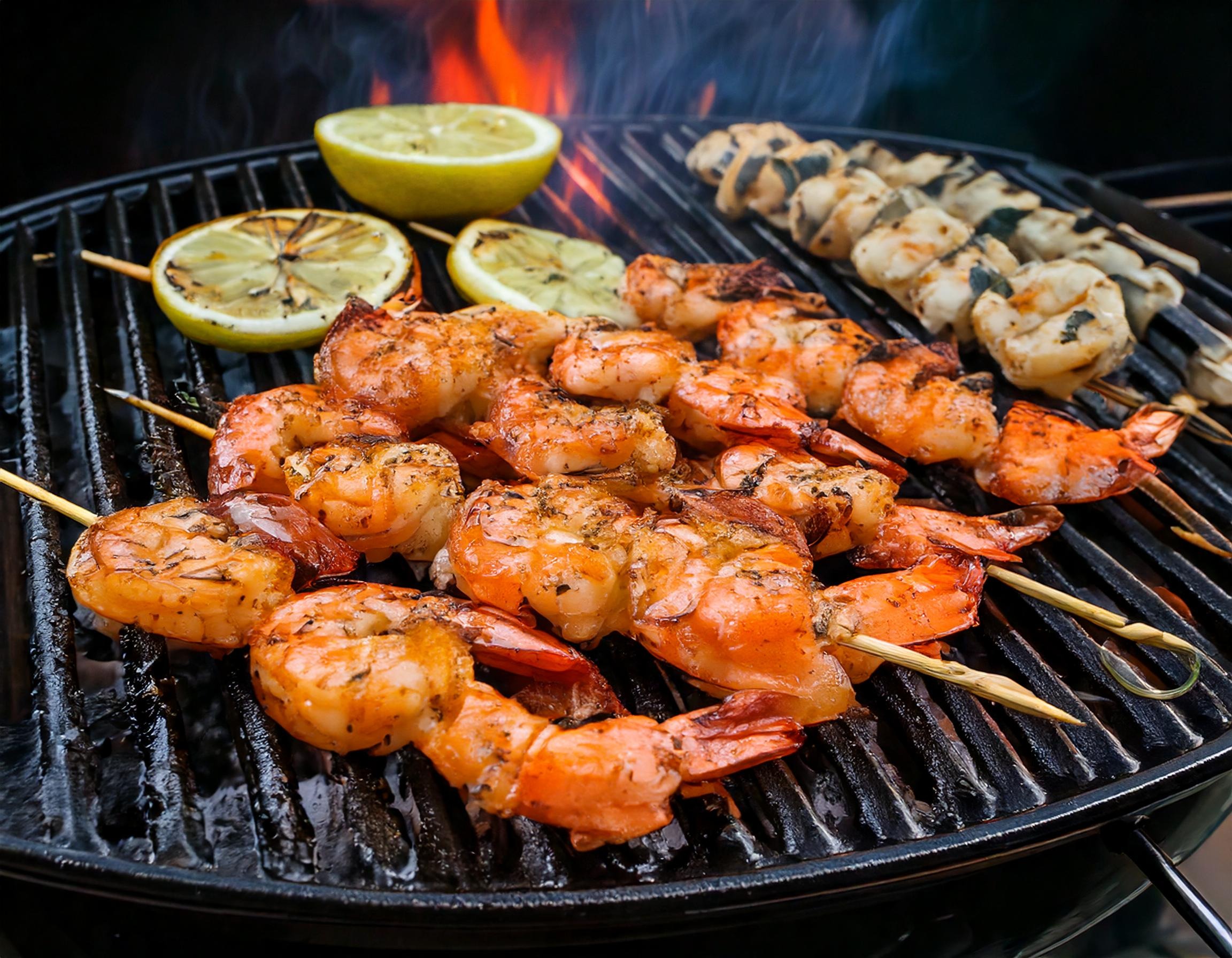 A Shrimp Skewers And Lemons On A Grill