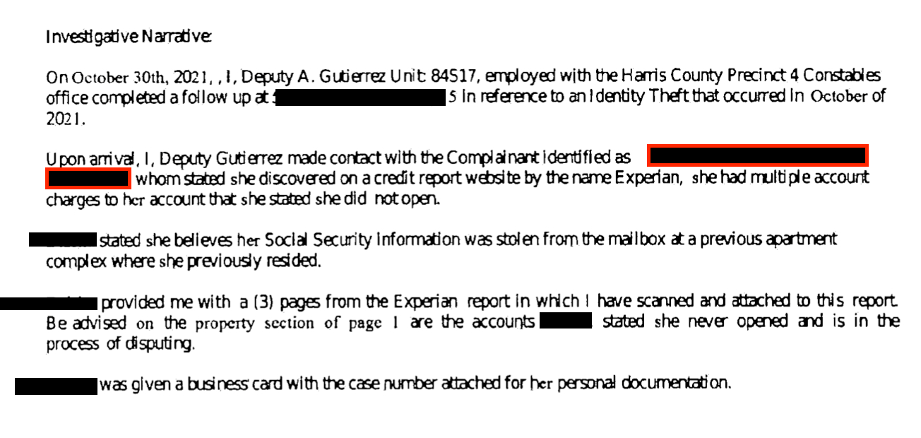 Screenshot of fake police report filed by Rose Credit Repair (redacted for victim's privacy)